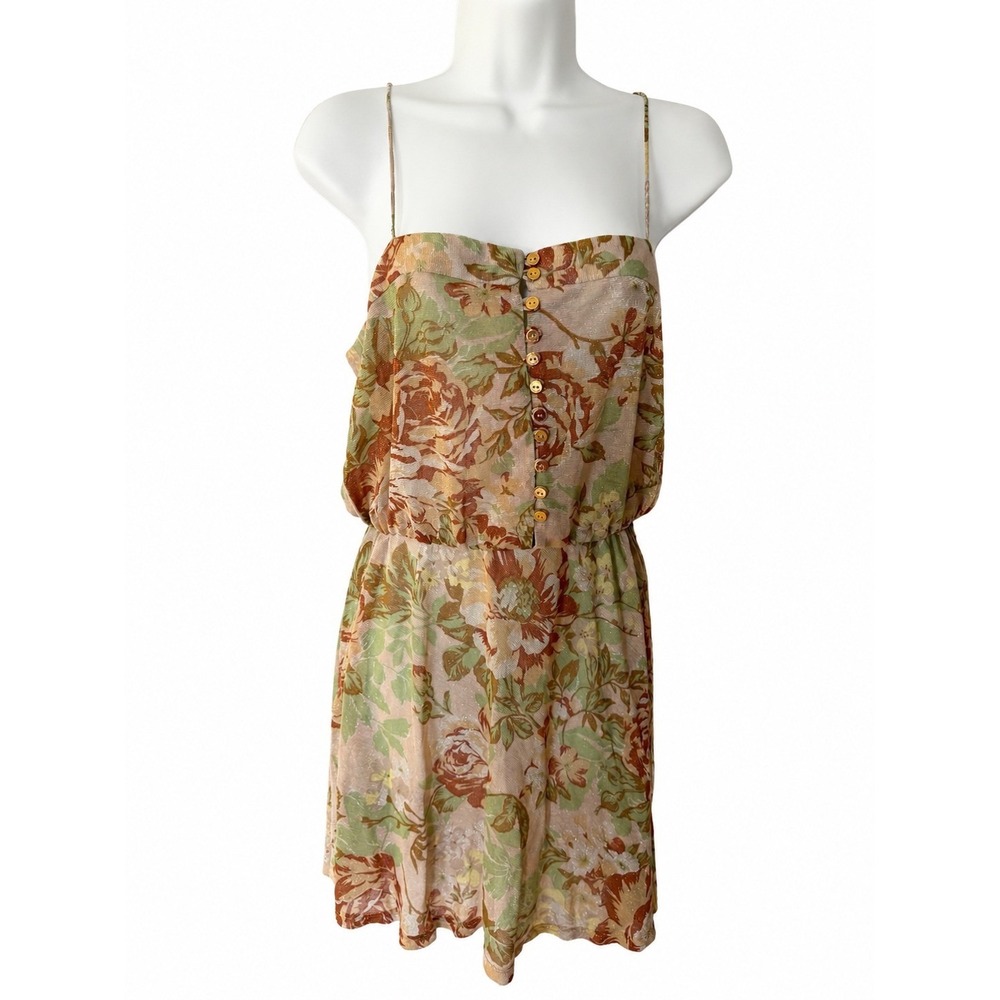 Farm Rio NWOT Floral Sparkling Knit Mini Dress Peach Green Button Womens Medium